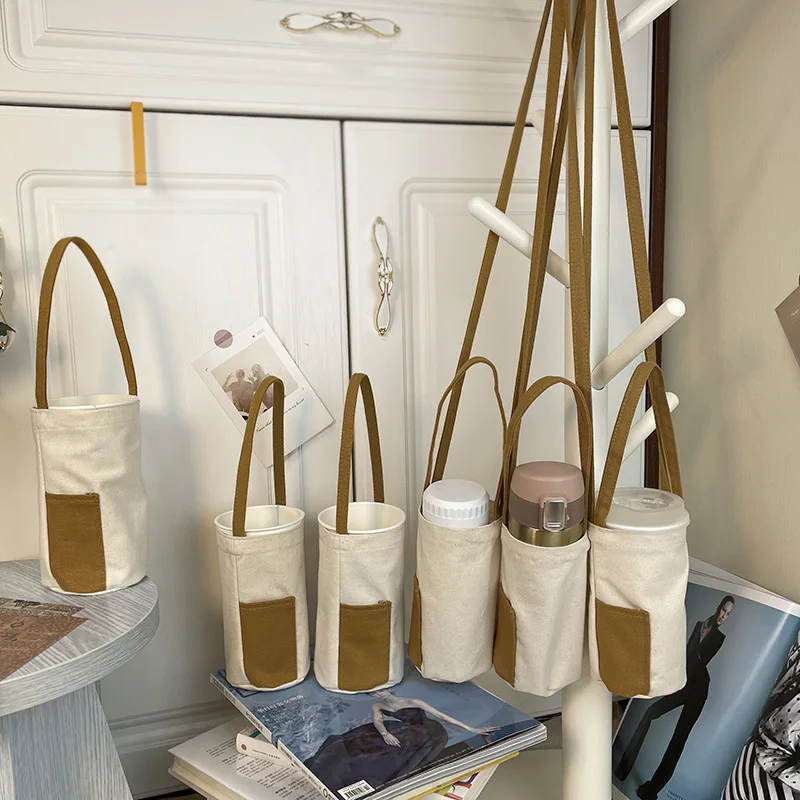 Custom Thermos Bottled Bag Cross-body Water Cup Portable Protective Canvas Kettle Milk Tea Cup Holder Sleeve Tote Bag
