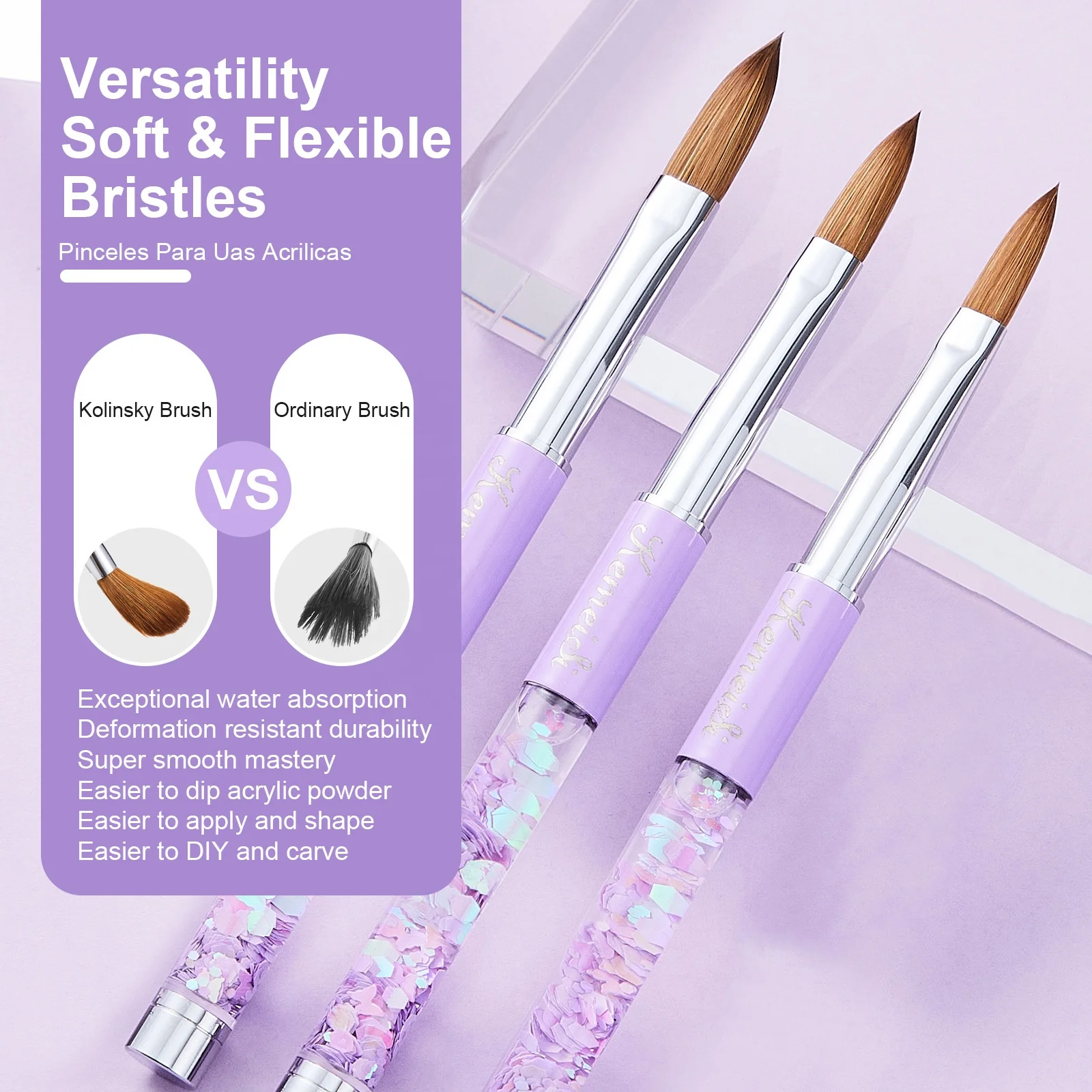 New Design Germany Kolinsky Acrylic Brushes Purple Liquid Spangle Handle Size #6 #12 #16 pinceles kolinsky