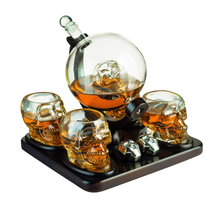 850 mL Skull Skeleton Wine & Whiskey Globe Decanter Set Wooden Base Decor Glass Goth Spooky Drinking Glassware