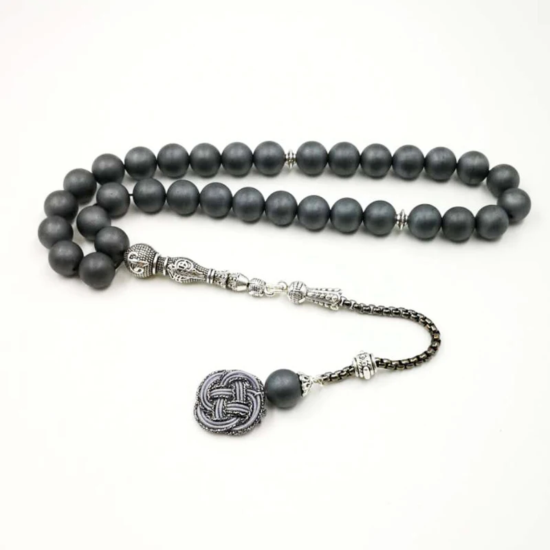 
Natural gray Matte hematite Tasbih rosary beads Metal tassel handmake kazaz Islamic prayer beads 33 Heavy stone Muslim bracelet 