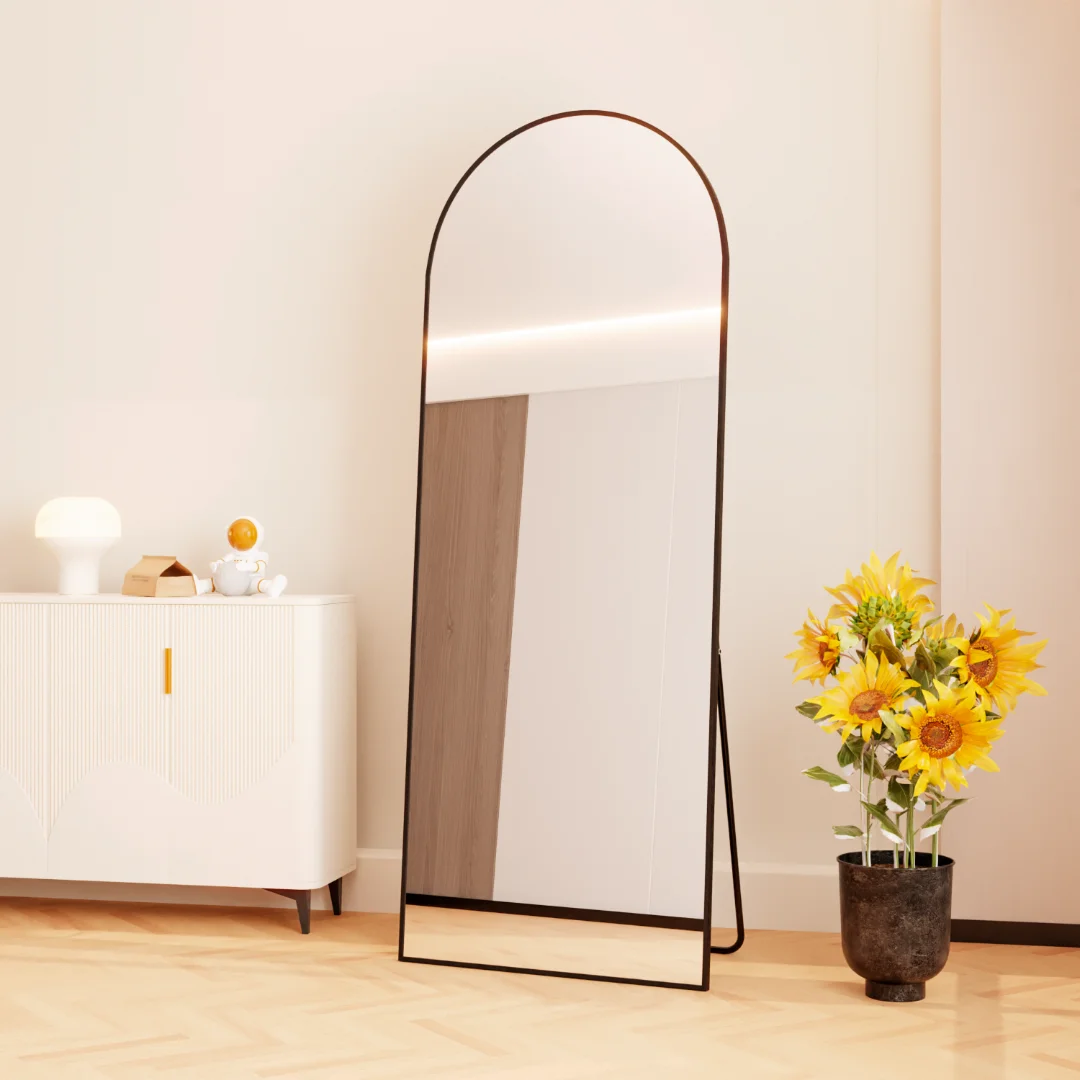 Factory Supply Tempered Glass Large Arched Metal Frame Wall Floor Full Length Dressing Unbreakable Mirror miroir espejo spiegel