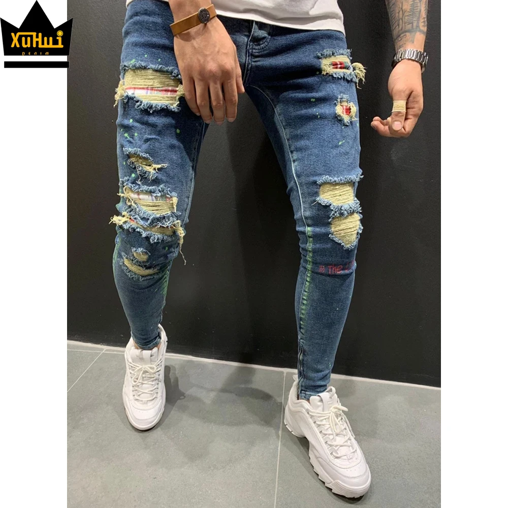 
Stylish Designer Mens Jeans Scratch Pants Embroidery Skinny New Design Custom Colombiano Ripped Denim Jeans Pant Men 