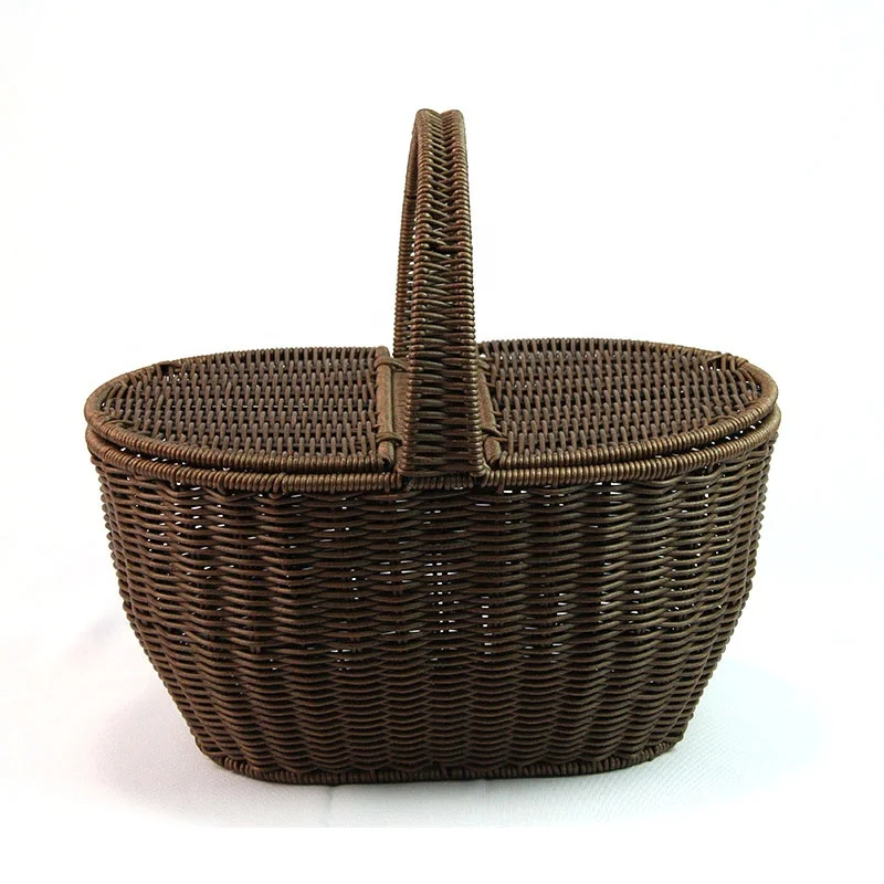Rectangle/Oval Plastic PP Rattan Storage Basket with Lids Picnic Basket with Handle