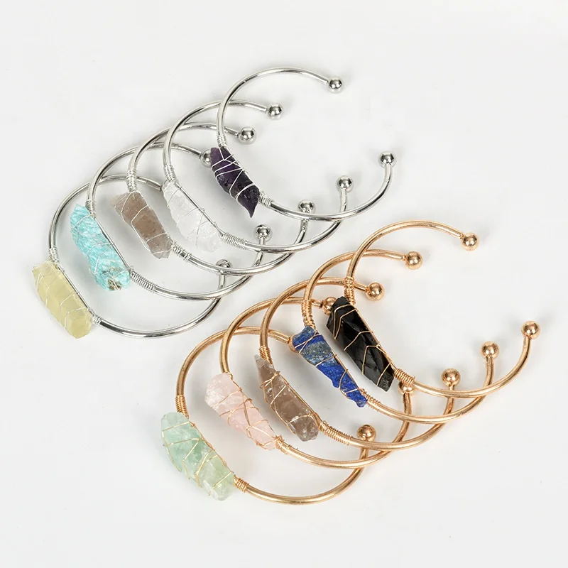 wire wrapped amethyst rose quartz obsidian natural crystal cuff bracelet raw stone gemstone bangle