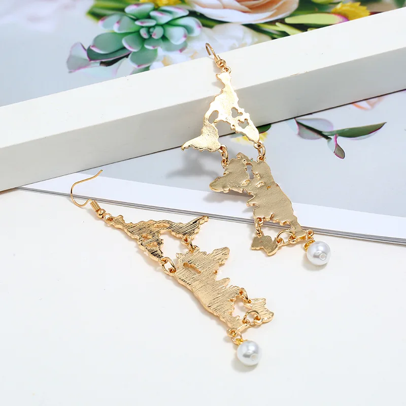 202014k gold jewelry wholesale alloy long drop pearl statement world map earrings for women