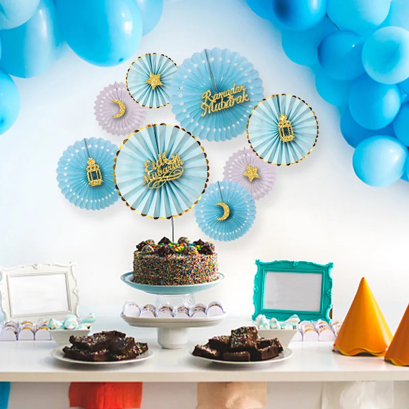 Eid Mubarak Ramadan Decorations 2023  Paper Fan With Moon Star Letter Gold Color DIY Muslim Islamic Party Decoration