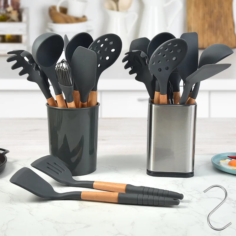 Manufacturer wholesale silica gel kitchen set 11 sets of wooden handle cooking silica gel scoop kitchen tools