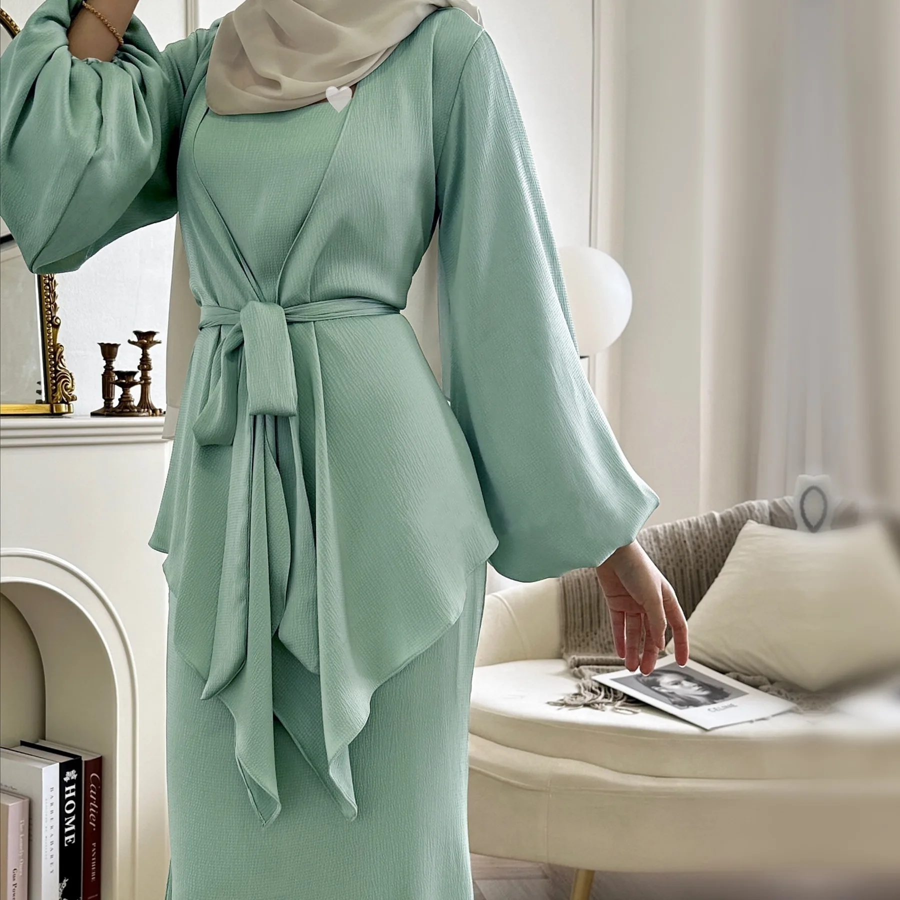 Middle East Arab Islamic Clothing Elegant Solid Color Jilbab 2 Piece Abaya Muslim Dress Women Turkish Dubai