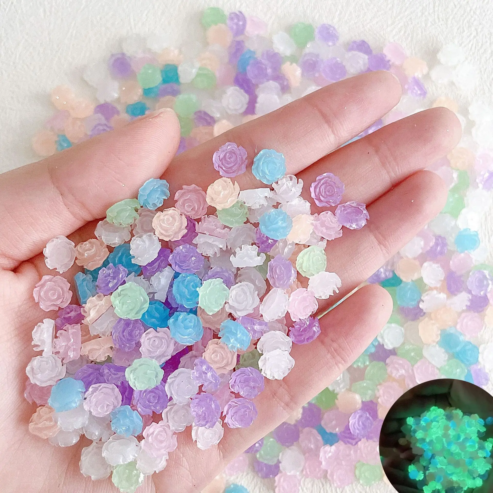 20pcs\bag 8MM Mini Luminous Camellia Nail Charms 3D Glow In Dark Flower Nail Art Decoration