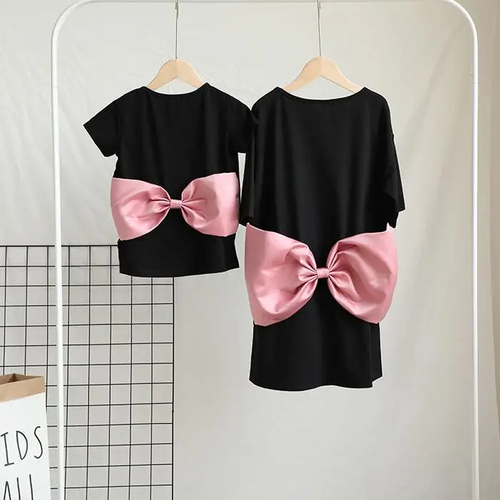 
2020 New Mother Daughter Dress Tshirt Clothes Summer Bow Pink Family Matching Outfits Tops Family Look Bowknot Dresses 