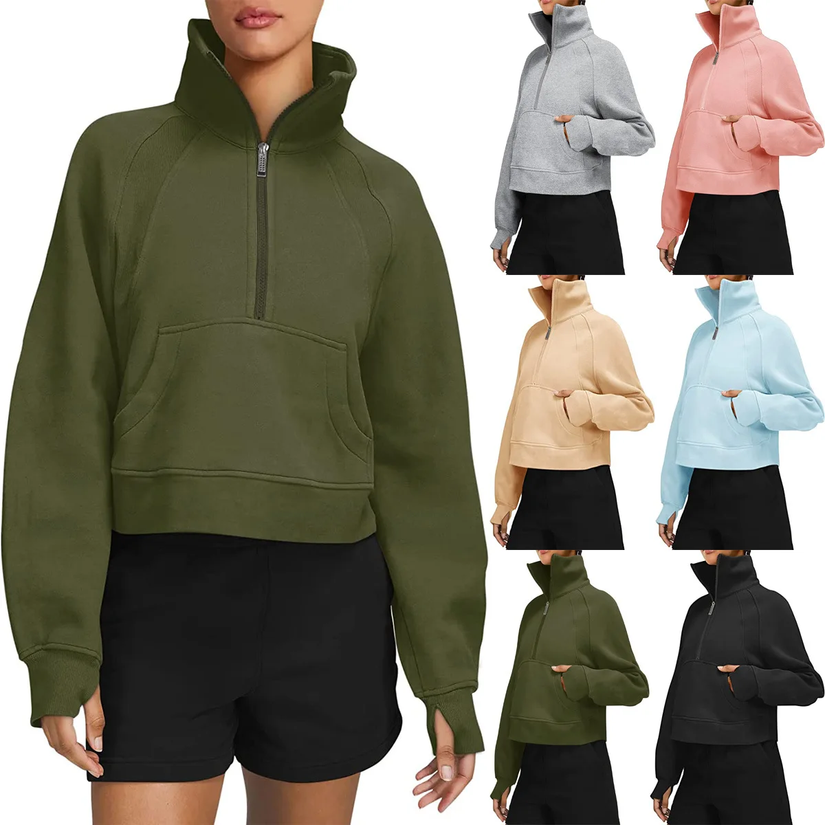 2023 Womens Sweatshirts Half Zip Cropped Pullover Fleece Quarter Zipper Hoodies Fall outfits Clothes Thumb Hole Women Hoodies