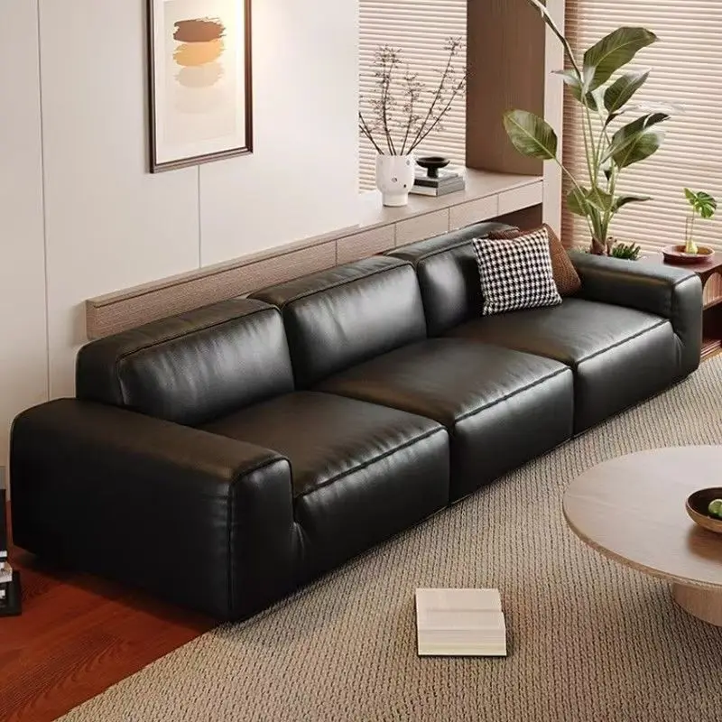 Black cow leather sofa living room Italian minimalist layer cowhide black tofu block all real leather sofa