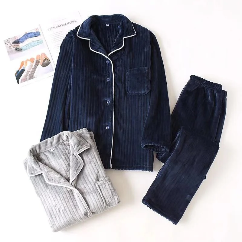 Hot Sale Jacquard Strip Women Sleepwear Flannel Fleece Couple Pajamas Set