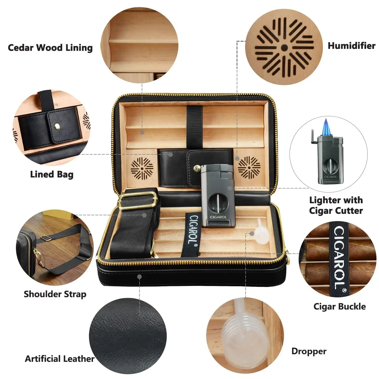 Wholesale High End Luxury Leather Cigar Travel Humidor Case with Lighter Cigar Accessories Set for 6 Cigars Gift for Men