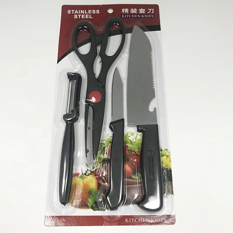 Wholesale 4 piece 8 PCS Multifunctional Stainless Steel Black Plastic Handle Scissors Kitchen Knife Set