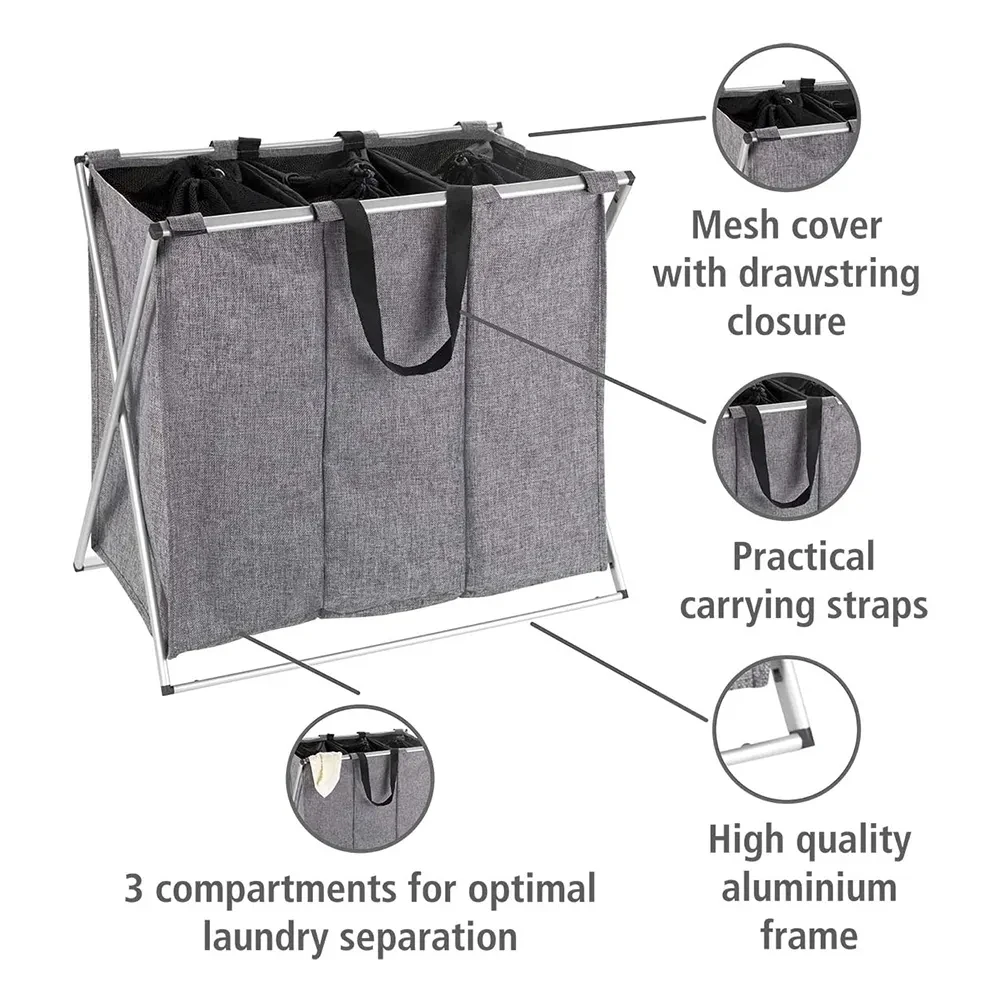 High quality aluminium frame 3 compartments laundry hamper basket