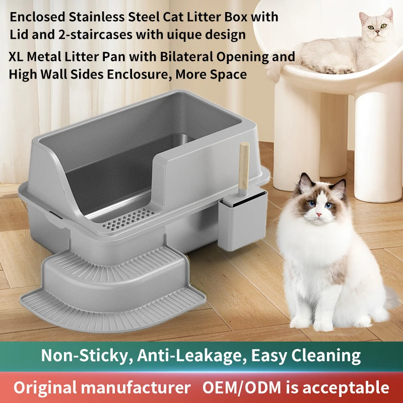 Green High Sided With Shovel Sliding Scoop Stainless Steel Semi Enclosed Portable Cat Litter Box Tray Cat Toilet Furniture