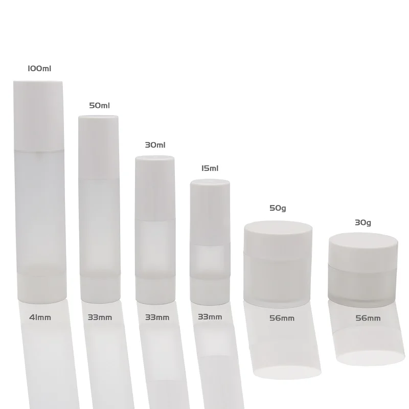 High quality  airless pump bottle15ml 30ml 50ml 100ml white airless serum bottle with frosted refillable bottle 30g 50g jar