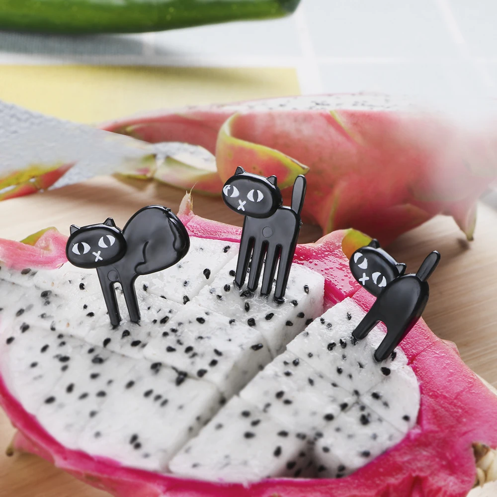 Bento Lunches Toothpick Tableware Mini Cartoon 6pcs/pack Black Cat Fruit Fork Snack Cake Dessert Food Fork Party Decor