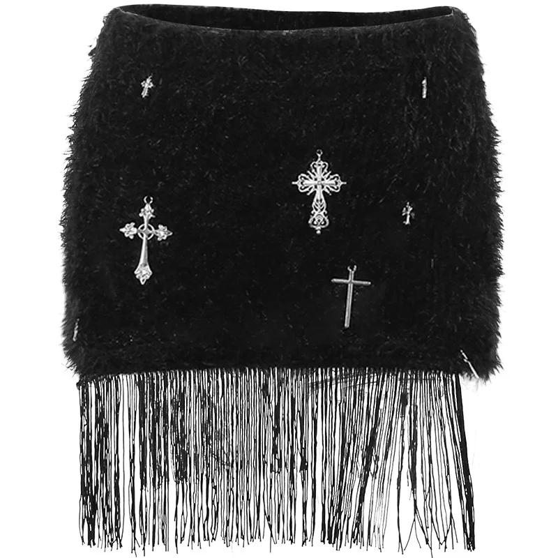 High Waist Cross Print Tassel Fluffy Mini Dress Summer Fashion Casual Spice Girl Skirt Women