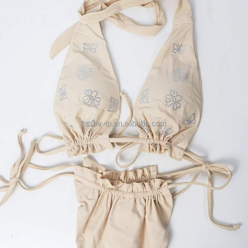 S642 OEM ODM Printed Swimsuit Set Diamond Crystal Bikini Triangle Bathing Suit Rhinestone Swimwear