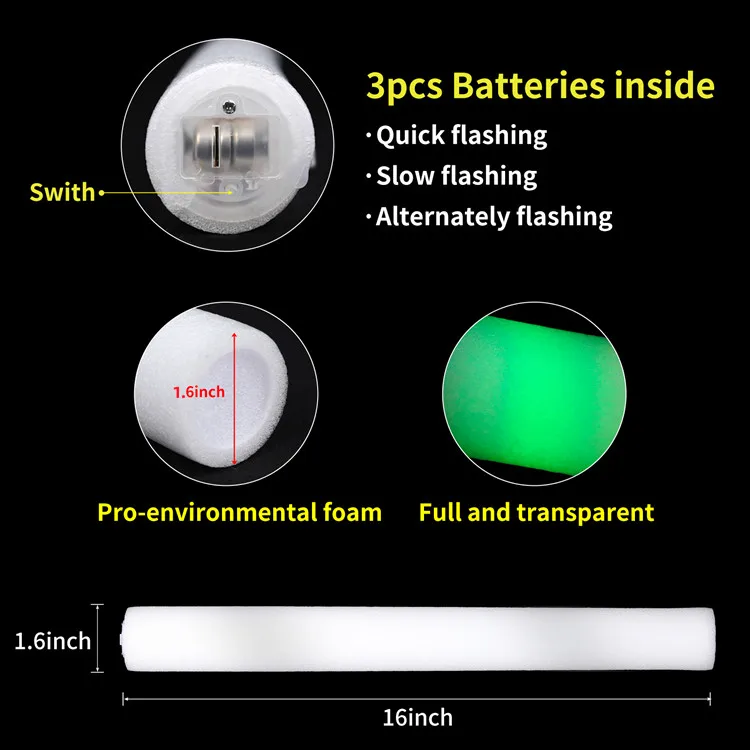 Foam Sticks LED Light Up Batons, Glow Sticks Bulk Party Favors,16 Inch Multi Color Flashing Glow Wands
