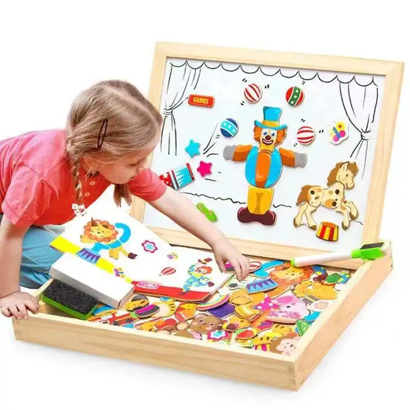 Educational Wooden Toy Double-sided Drawing Board Magnetic Jigsaw  Circus Puzzle