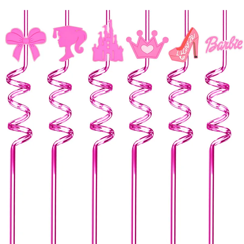 Hot selling pink barbie reusable plastic straws PVC straw charms party decorative dinking straw