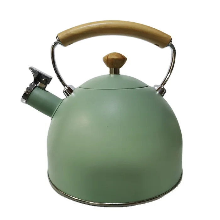 New style 2.5l best whistling camping stainless steel tea wood handle green kettle