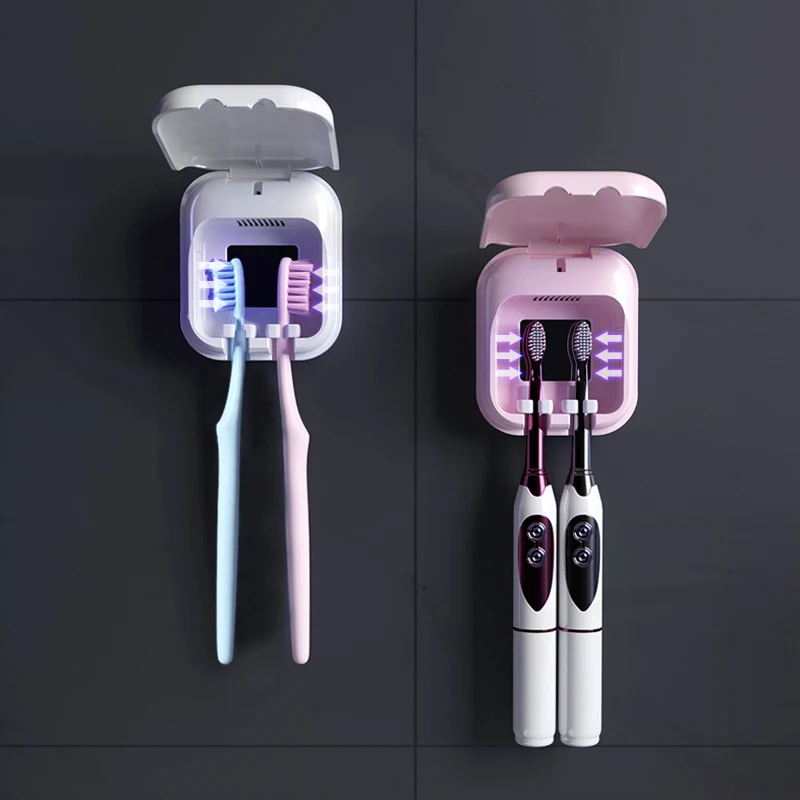 Portable Rechargeable double toothbrush sterilizer Fits All Toothbrushes with heating drying fan two toothbrush holders UV case