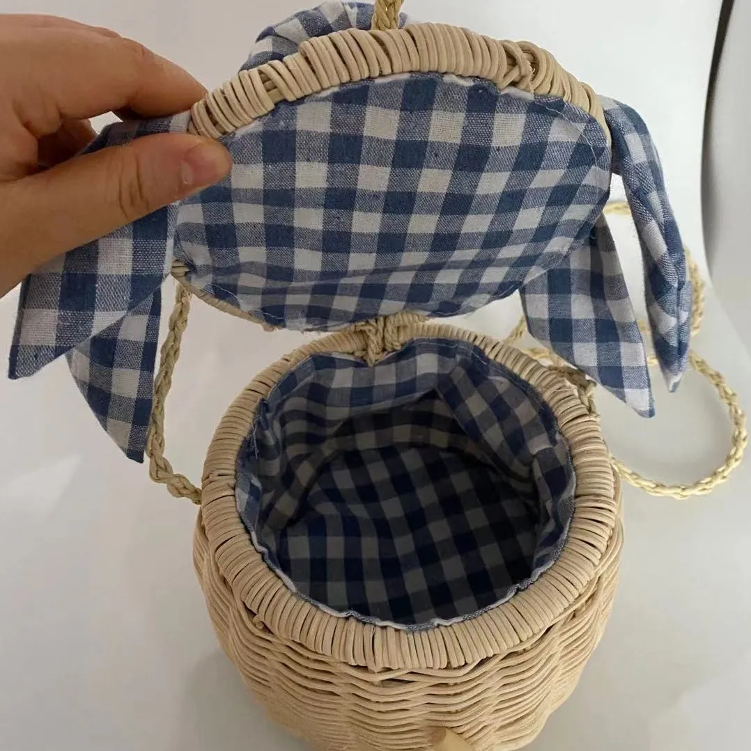 
Children Kids Straw Bag Small Size Round Rattan Shoulder Bag With Scarf 