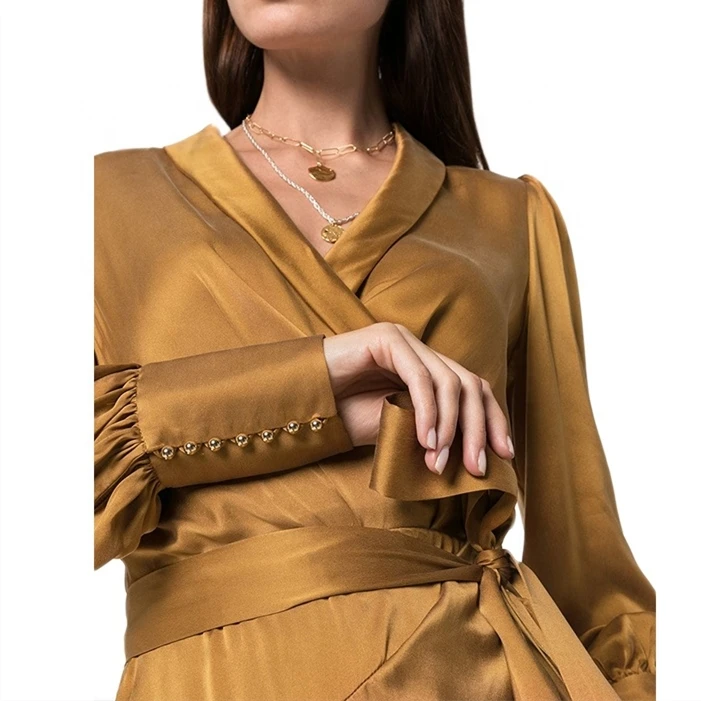 
Fashion Design Women Casual V-Neck Sexy Silk Satin Belt Tie Mini Dress 2020 <span style=