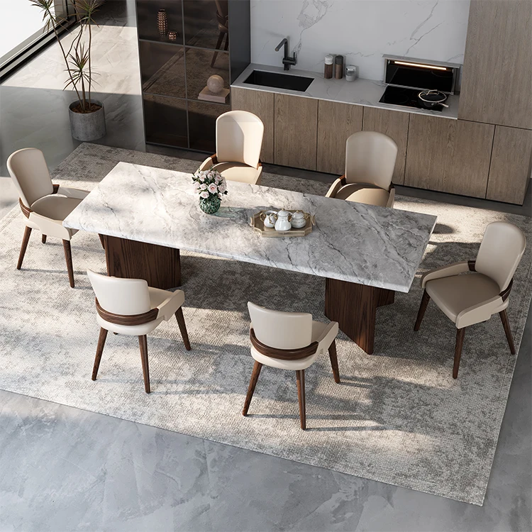 Minimalist Rectangle Marble Top Dinning Table And Backrest Chair Set Wood Dining Table Sets 6 Chairs