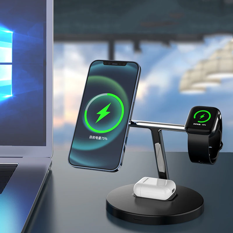 3 in one Desktop 15W Fast Wireless Charging Holder Stand Dock Table Qi Magnetic Magsafes 3 In 1 Wireless Charger Station