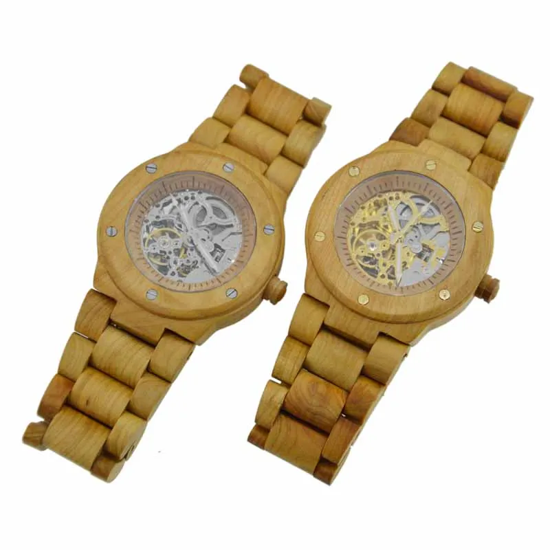 Chinese custom logo skeleton mechanical automatic wood watch with a wood box for watch