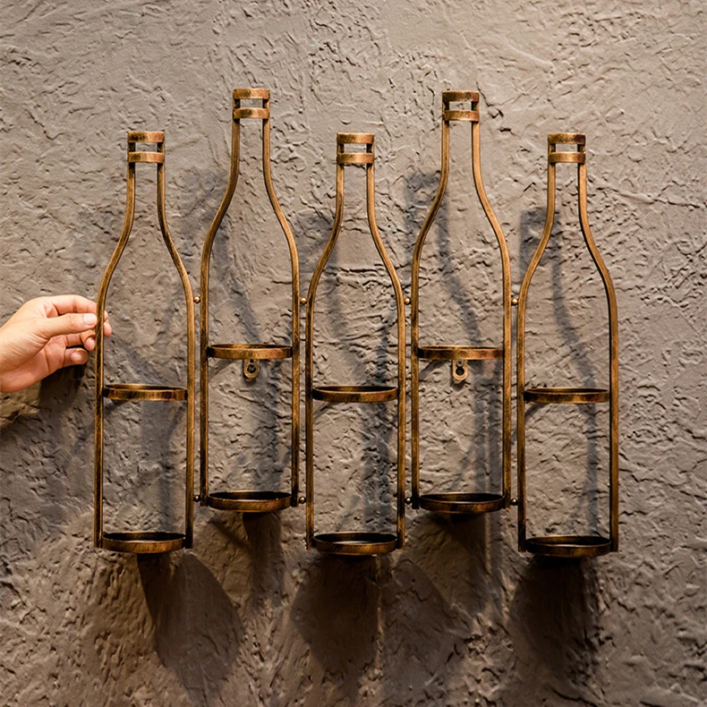 Retro industrial style wine rack iron wall hanging bronze wine holder bar wall decoration 5 bottles black metal wine rack