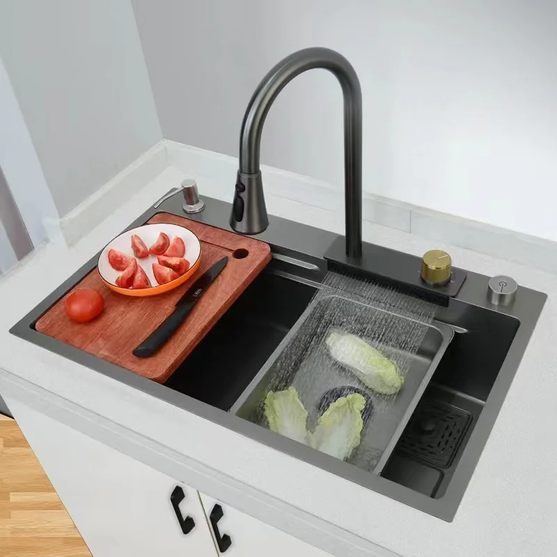 Modern stainless steel single bowl sink with waterfall faucet kitchen  stainless steel kitchen sink