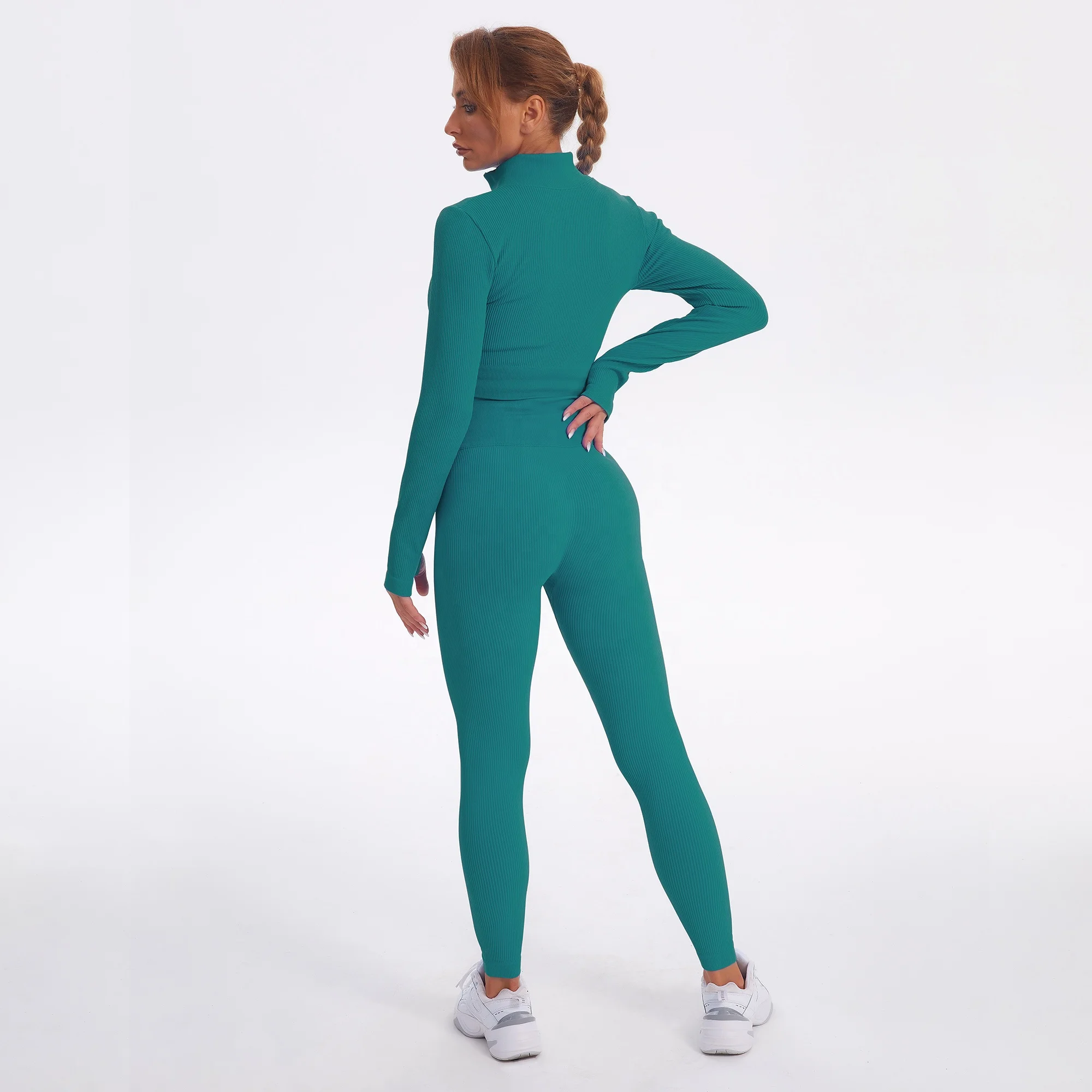 2022 Seamless Women Yoga Suit Sports Ribbed Long Sleeve Zip Front Shirt Scrunch Drawstring Legging Gym Tracksuit Workout Set