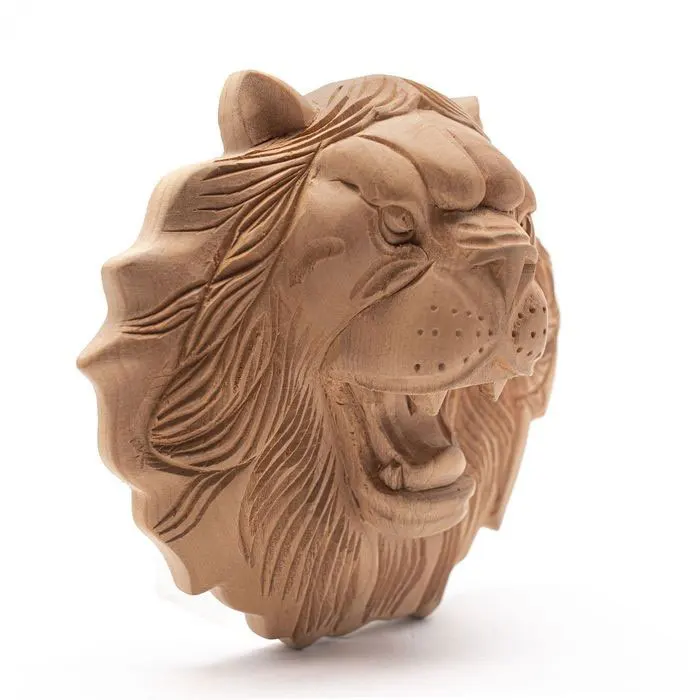 OEM Decorative Architectural Elements Hand Carved Lion Head Animal Wooden Onlay and Appliques