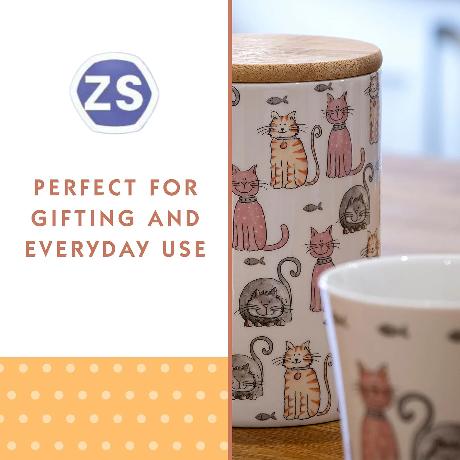 ZS 360ml Set of 4 Cute Happy CAT Themed Ceramic Porcelain Tea Coffee Cups Gifts for Cat Lovers and Animal Lovers Women Men Kids