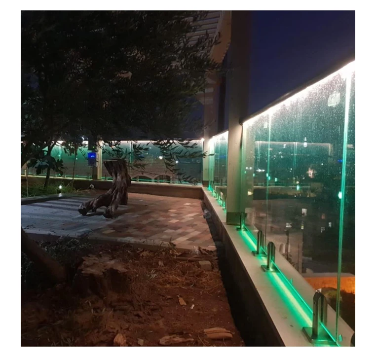 Modern frameless glass fence outdoor u channel aluminum exterior glass railing system with LED light