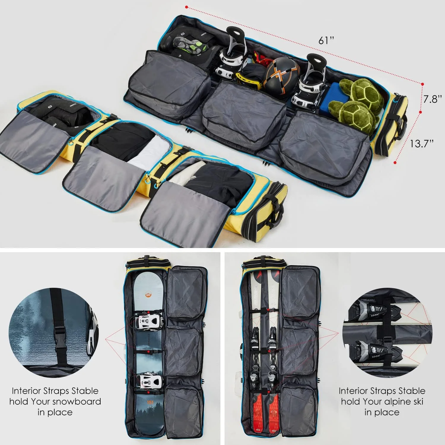 Polyester 190cm Custom Waterproof Travel Ski Gear Boot Bag Backpack Roller Padded Snowboard Bag for Air Travel