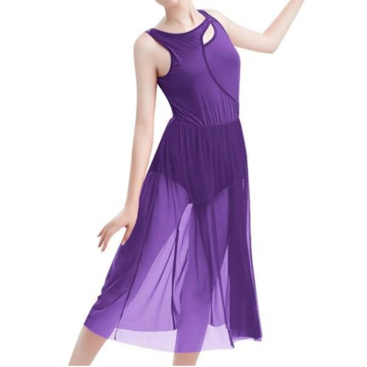 Lyrical Dance Costumes for Women Contemporary Dancewear Sleeveless Cut Out Front Mesh Tulle Maxi Dress
