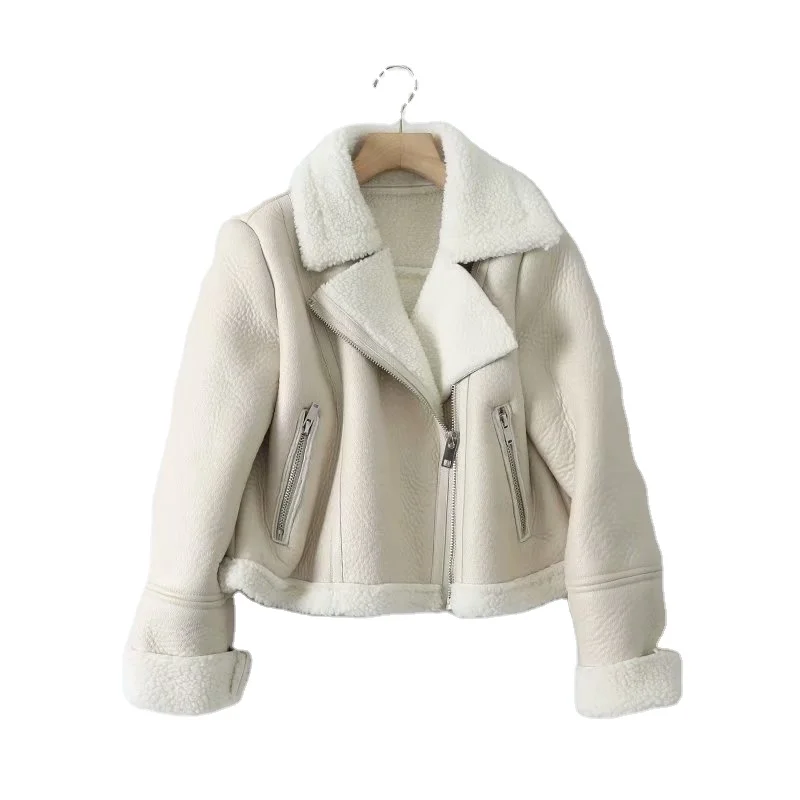 2021 Europe & American winter new style Moto Cropped turn down collar thicker biker faux fur PU leather biker women coat