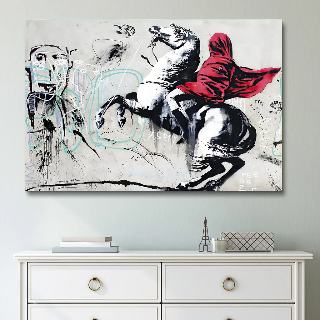 NAPOLEON BY BANKSY Red Clothes Man Ride Horse Graffiti Art Painting