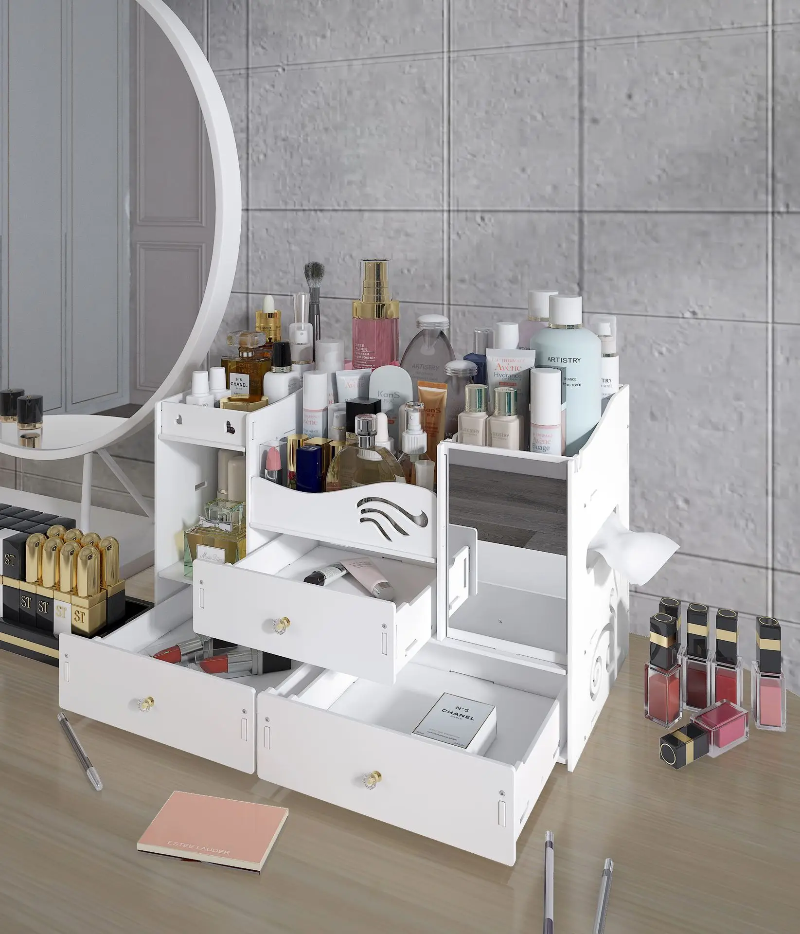 Multifunctional Luxury White Round Mirror Nordic cosmetic storage box makeup organizer with cat ears with Mirror