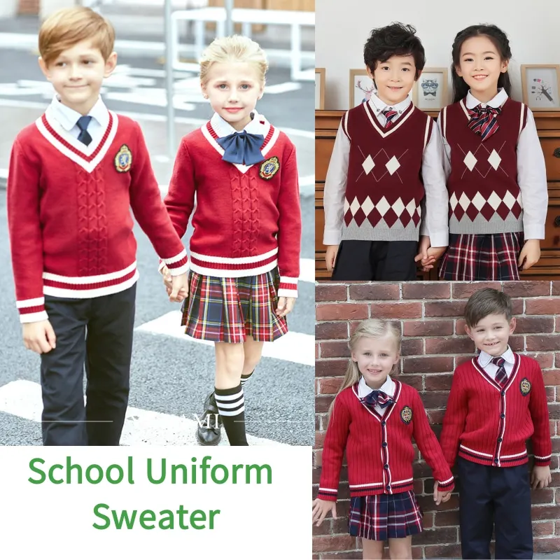 2024 Customized Design Pre School Uniform Sweater High School Cardigan Primary Plain Girl Boys Kids School Uniform Sweater