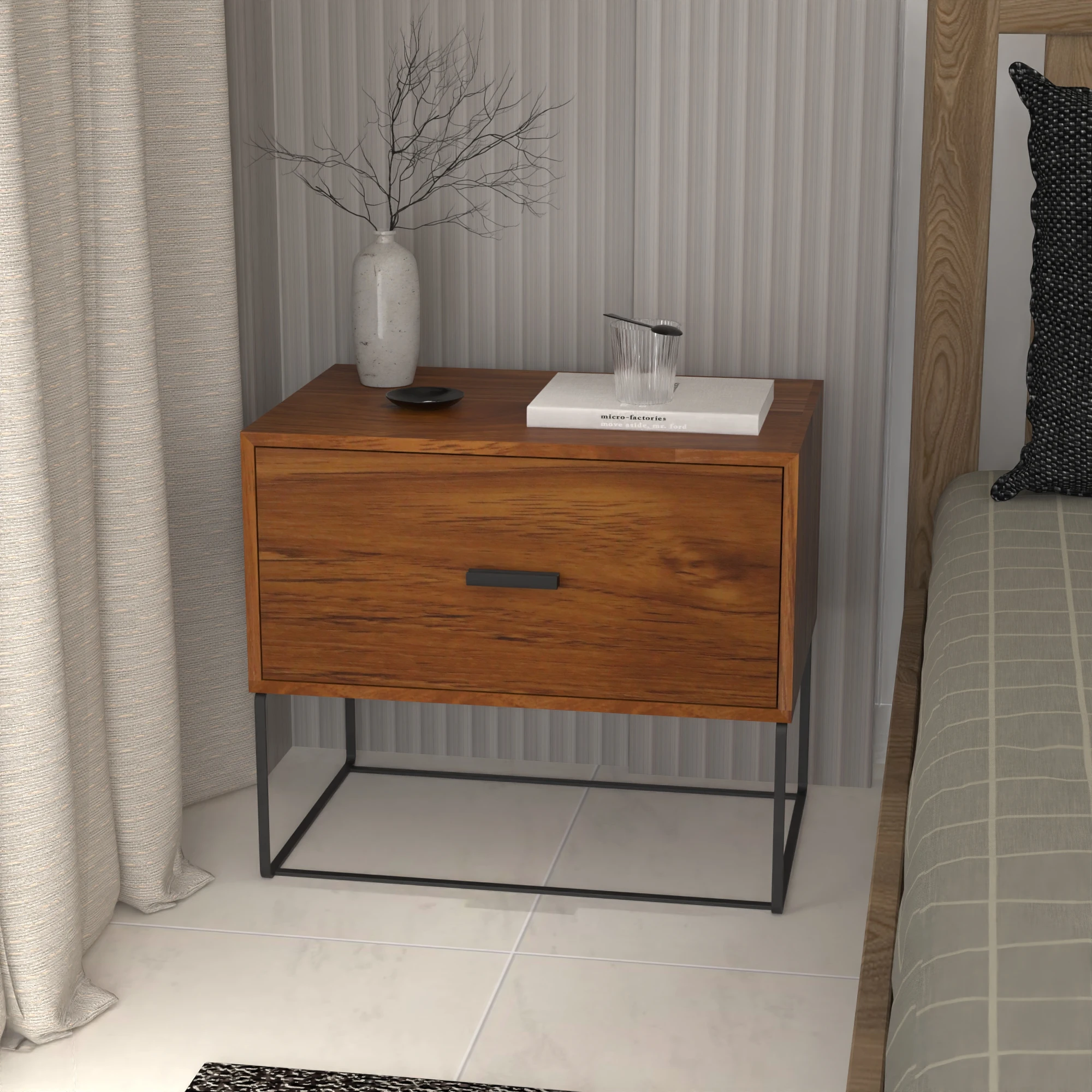 Custom wooden bedroom furniture bedside cabinet walnut nightstand bedside table with led lights