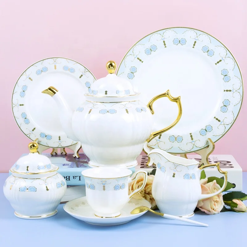 New arrival 24 pieces Royal Fine bone china embossed light green  flower shining golden pattern tea sets light weight