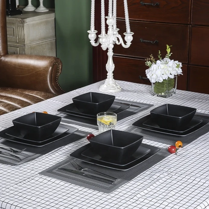 Wholesale Restaurant Square Black Japan Sushi Outdoor Food Grade Melamine Dinnerware Set Plates And Bowls Set For 4